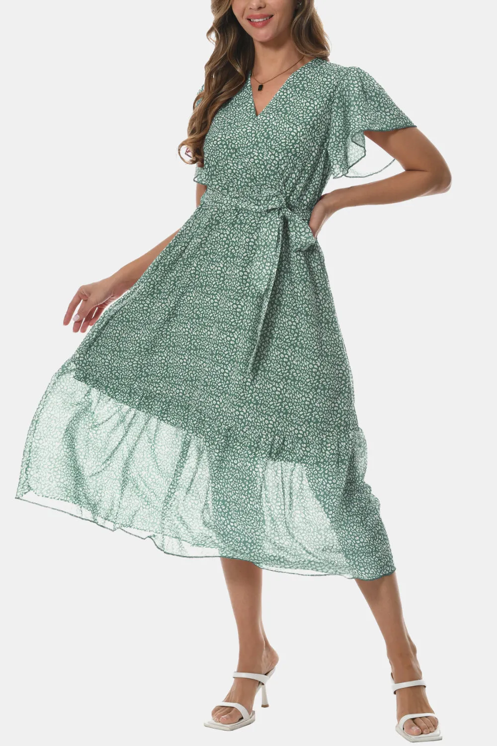 Surplice Neck Flutter Sleeve Tied Dress sold by Gigi Laurent product image thumbnail 2