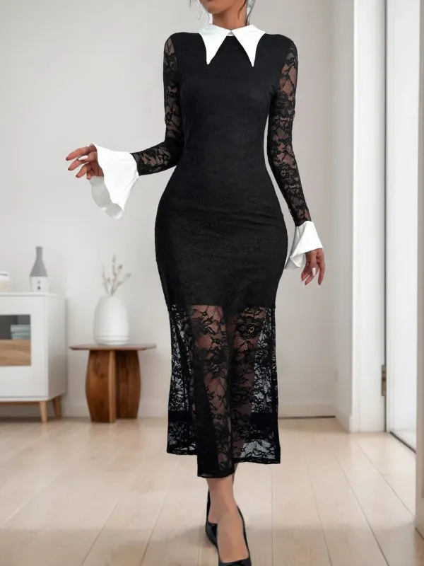 Perfee Lace Contrast Collared Neck Long Sleeve Midi Dress sold by Gigi Laurent