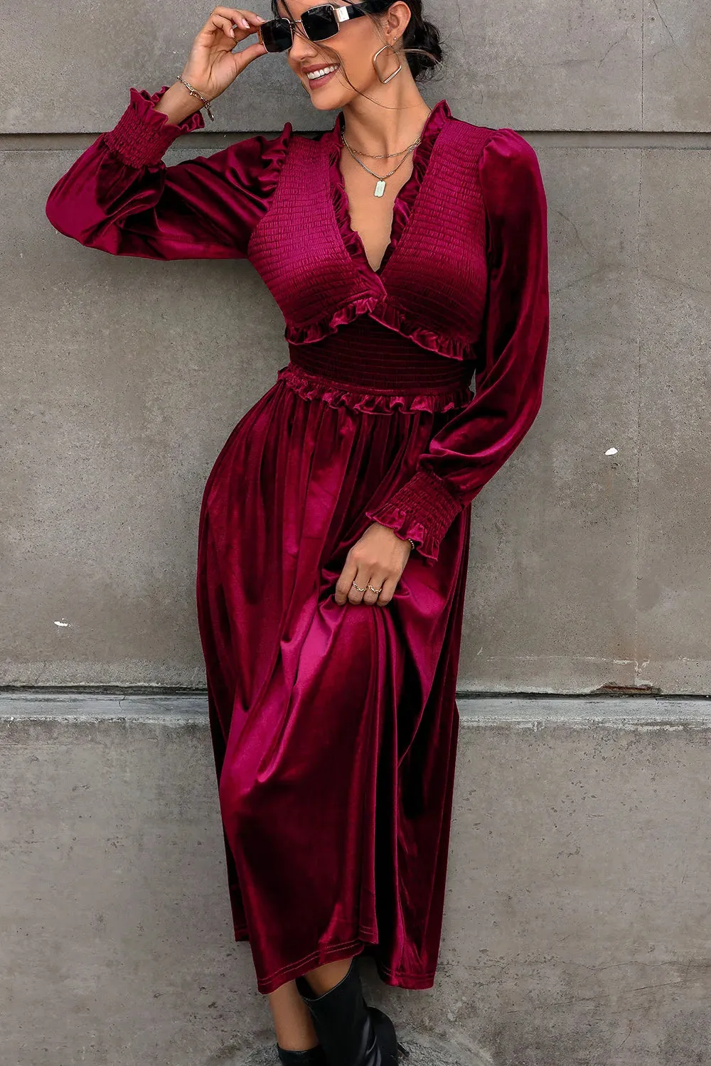 Perfee Smocked Lantern Sleeve Midi Dress sold by Gigi Laurent product image thumbnail 3