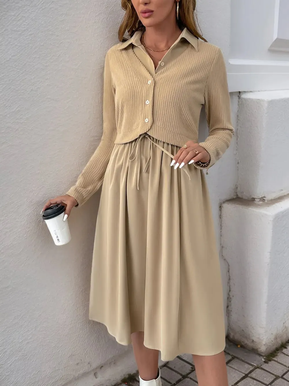 Perfee Fake Two Piece Collared Neck Long Sleeve Midi Dress sold by Gigi Laurent product image thumbnail 3