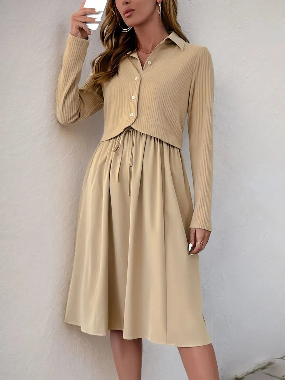 Perfee Fake Two Piece Collared Neck Long Sleeve Midi Dress sold by Gigi Laurent product image thumbnail 5