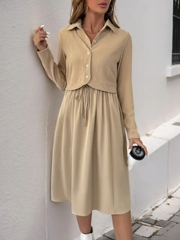 Perfee Fake Two Piece Collared Neck Long Sleeve Midi Dress sold by Gigi Laurent