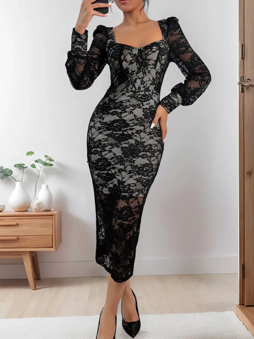 Perfee Lace Sweetheart Neck Long Sleeve Midi Dress sold by Gigi Laurent product image thumbnail 3