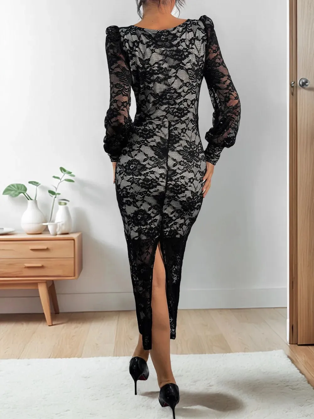 Perfee Lace Sweetheart Neck Long Sleeve Midi Dress sold by Gigi Laurent product image thumbnail 2