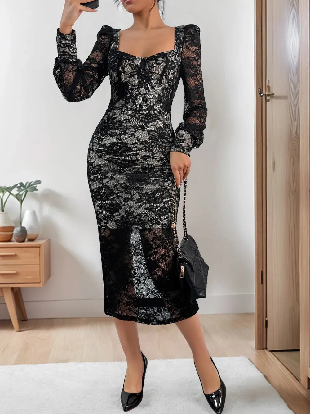 Perfee Lace Sweetheart Neck Long Sleeve Midi Dress sold by Gigi Laurent