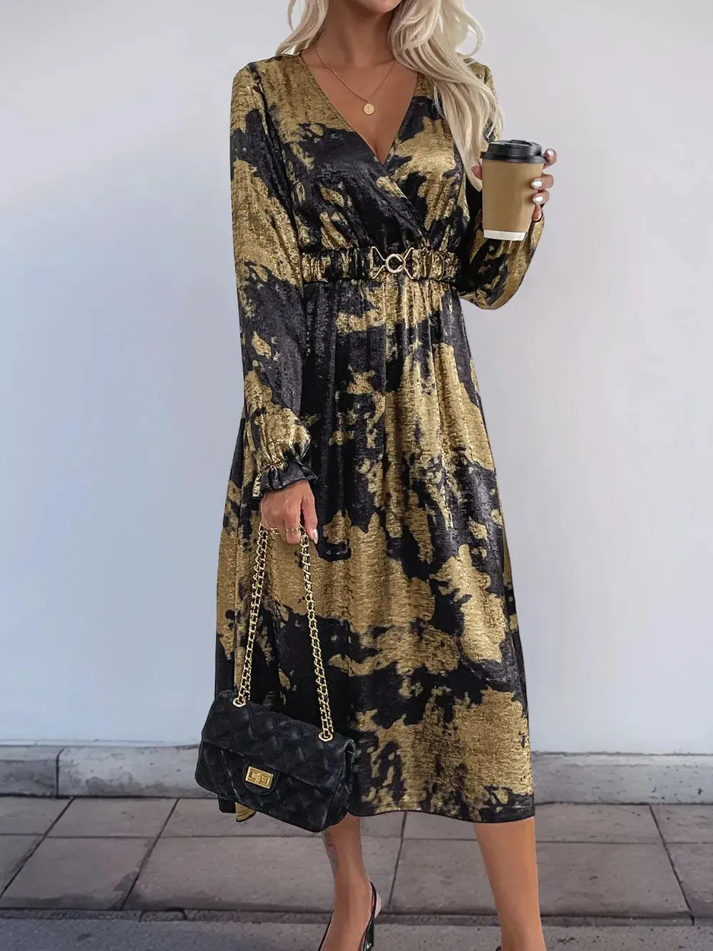 Perfee Printed Surplice Long Sleeve Midi Dress sold by Gigi Laurent product image thumbnail 4