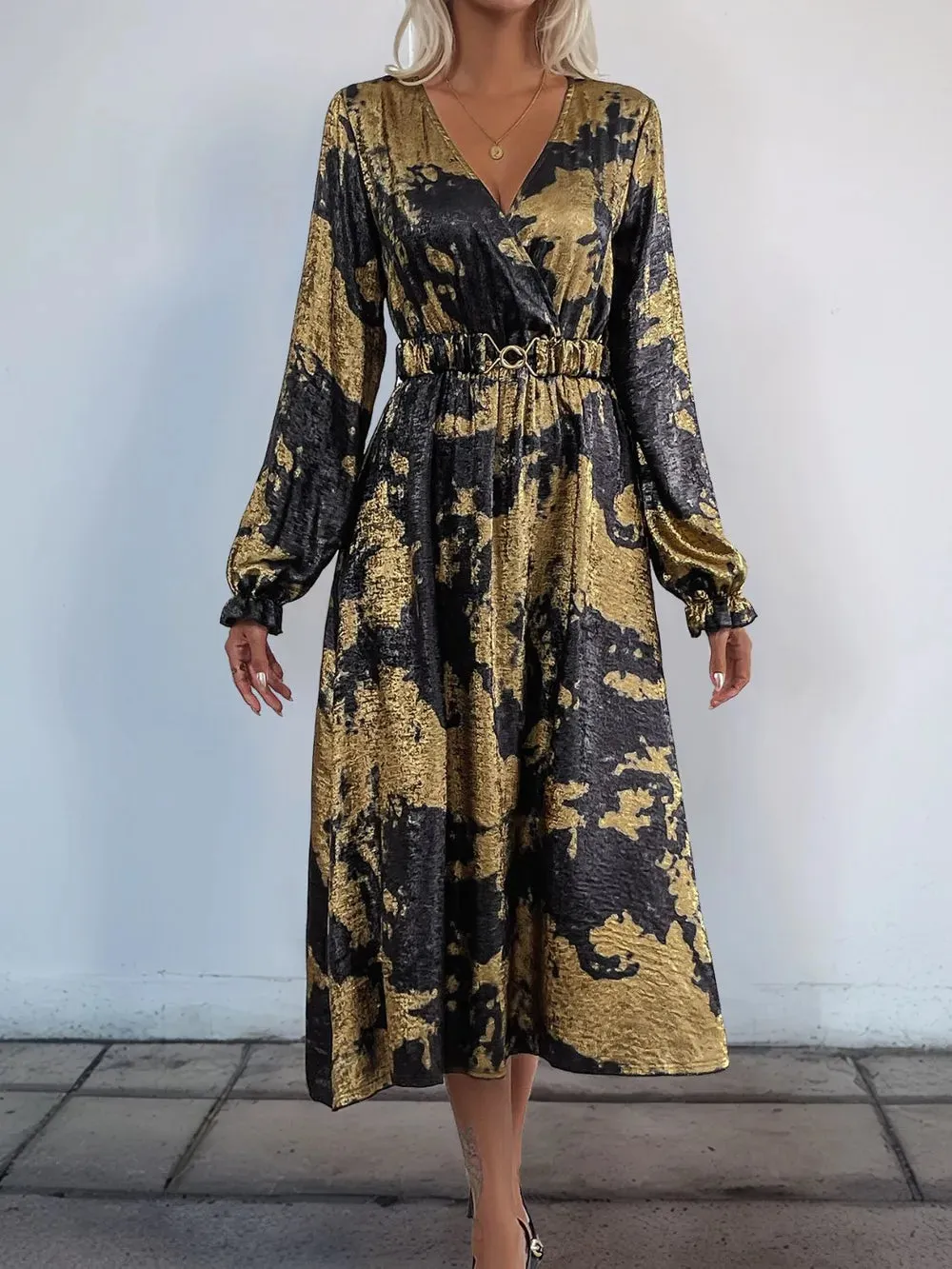 Perfee Printed Surplice Long Sleeve Midi Dress sold by Gigi Laurent product image thumbnail 3