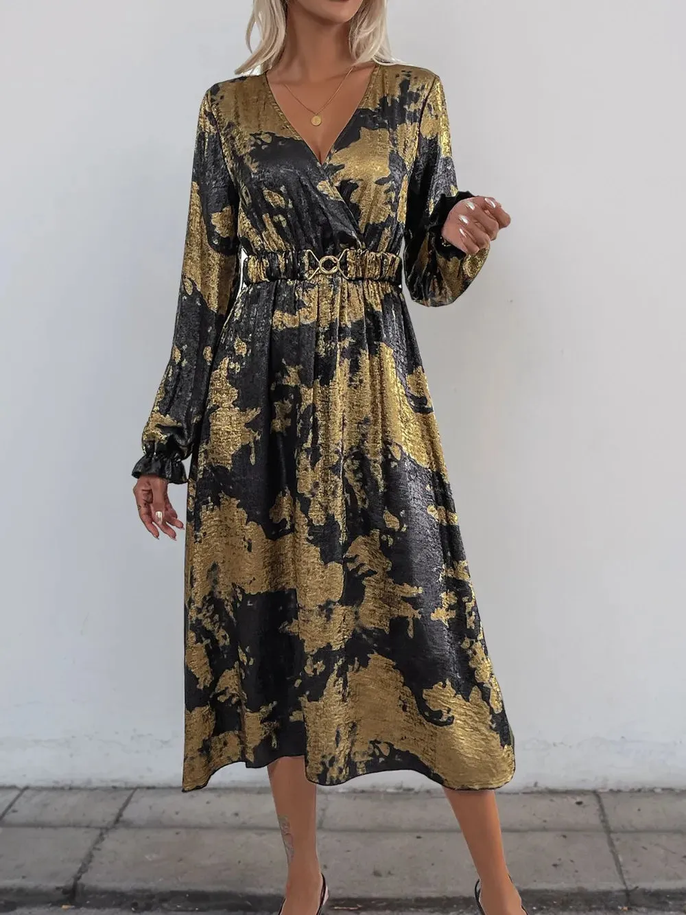 Perfee Printed Surplice Long Sleeve Midi Dress sold by Gigi Laurent