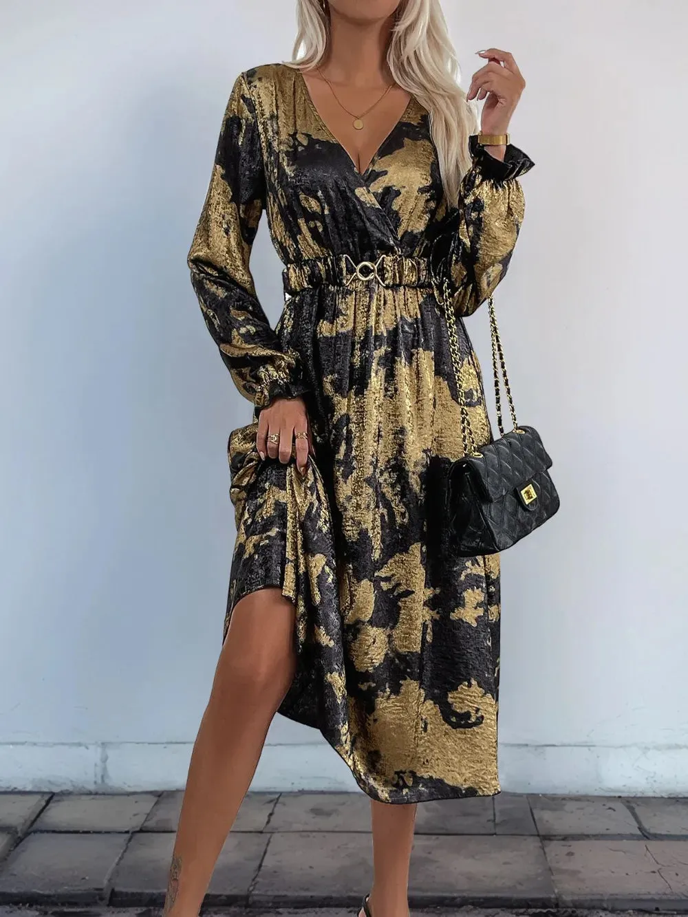 Perfee Printed Surplice Long Sleeve Midi Dress sold by Gigi Laurent product image thumbnail 5