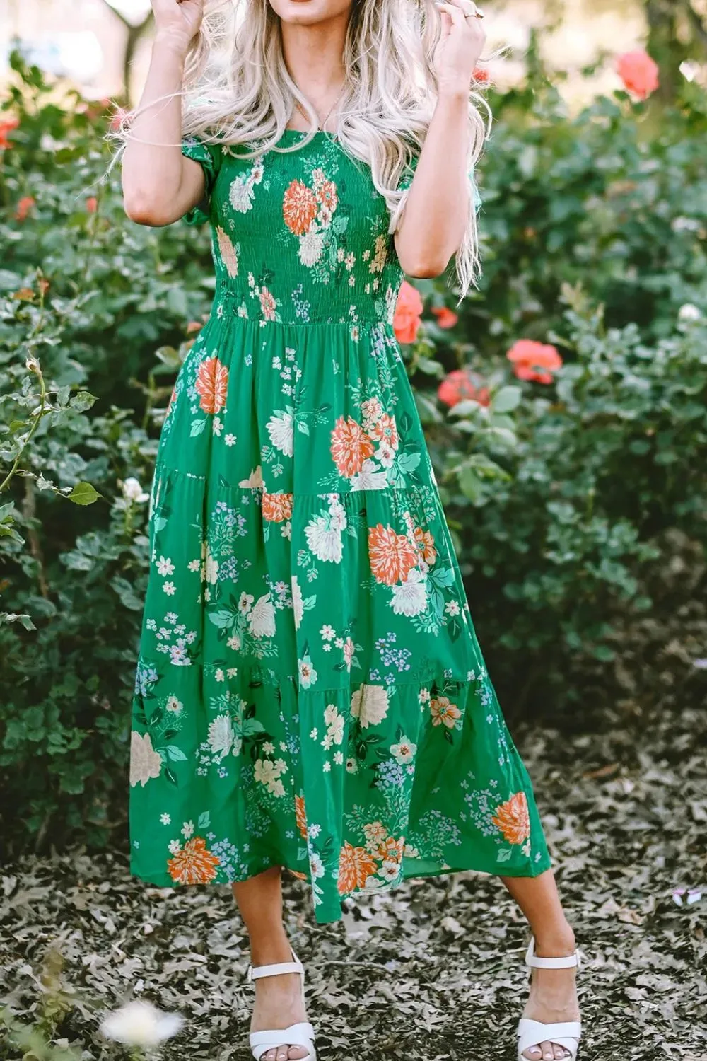 Floral Print Bubble Sleeve Smocked Tiered Midi Dress sold by Gigi Laurent product image thumbnail 4