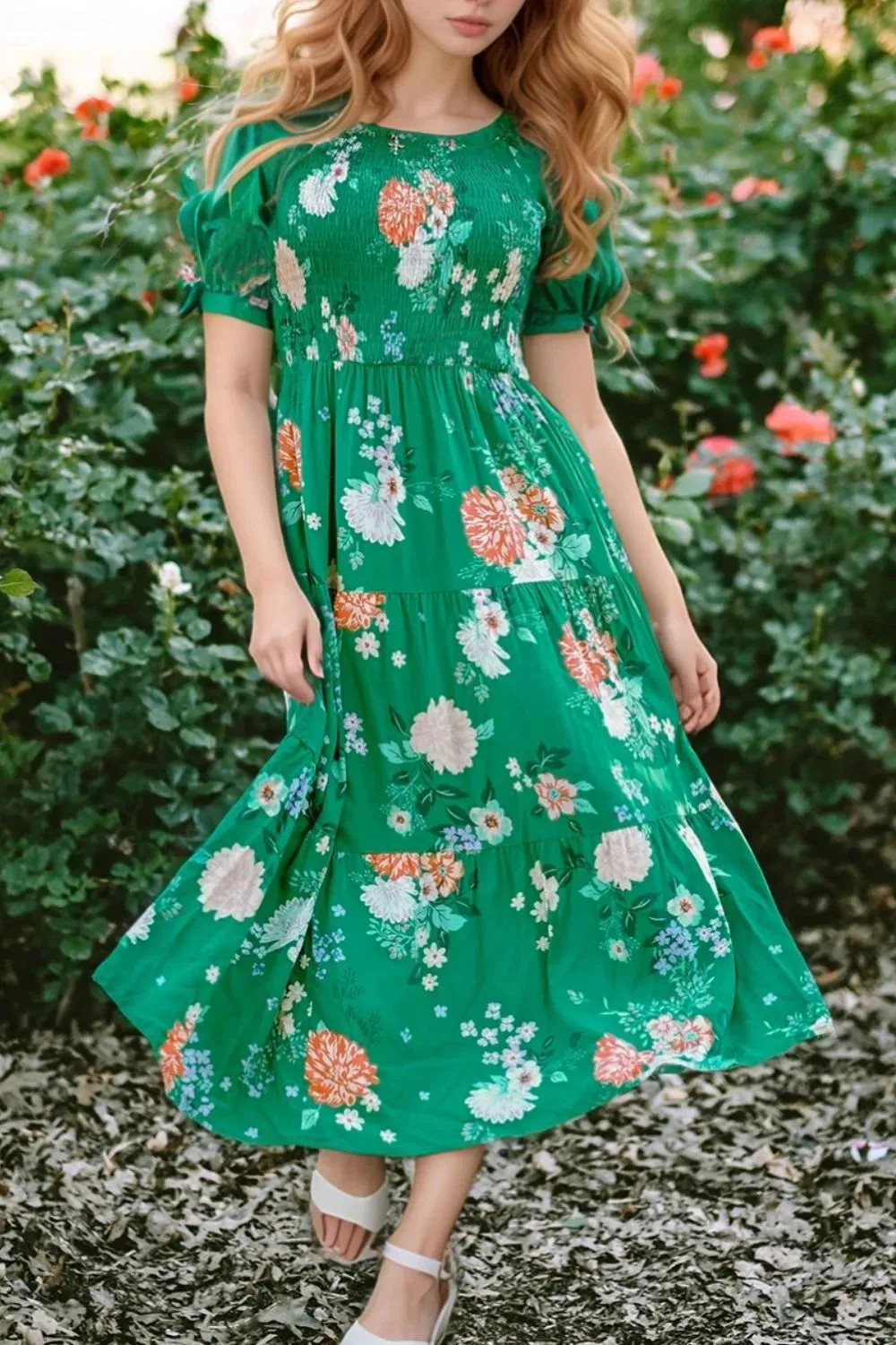 Floral Print Bubble Sleeve Smocked Tiered Midi Dress sold by Gigi Laurent product image thumbnail 2