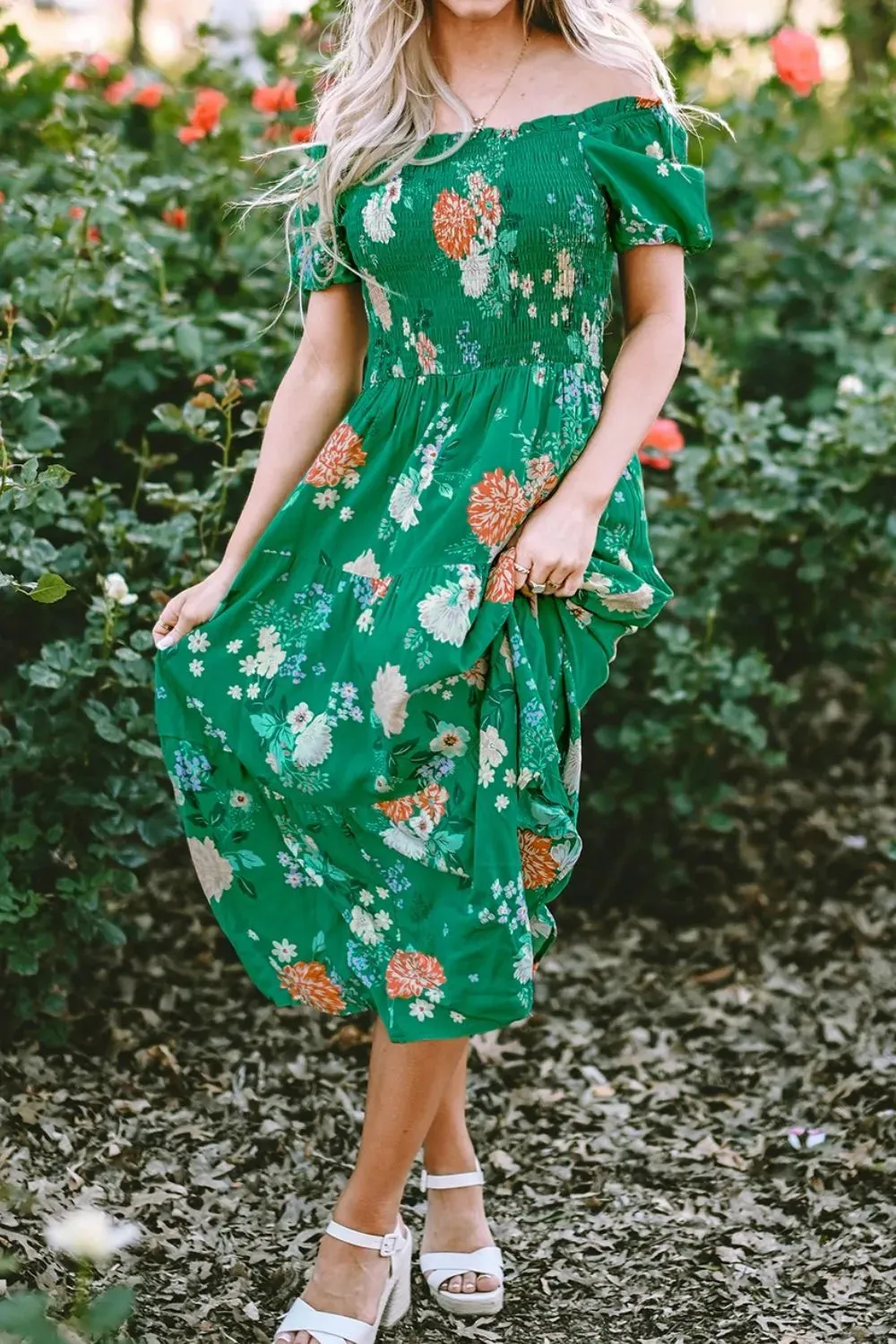 Floral Print Bubble Sleeve Smocked Tiered Midi Dress sold by Gigi Laurent product image thumbnail 3