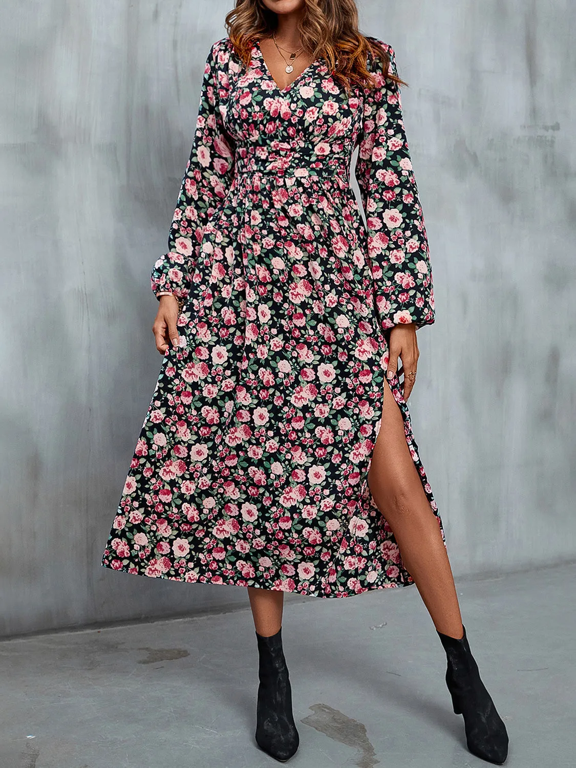 Perfee Floral V-Neck Slit Midi Dress sold by Gigi Laurent