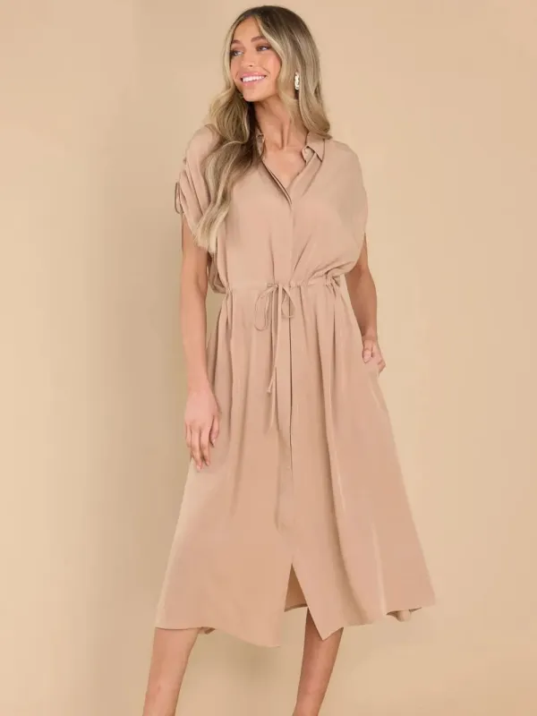 Drawstring Collared Neck Short Sleeve Midi Dress sold by Gigi Laurent