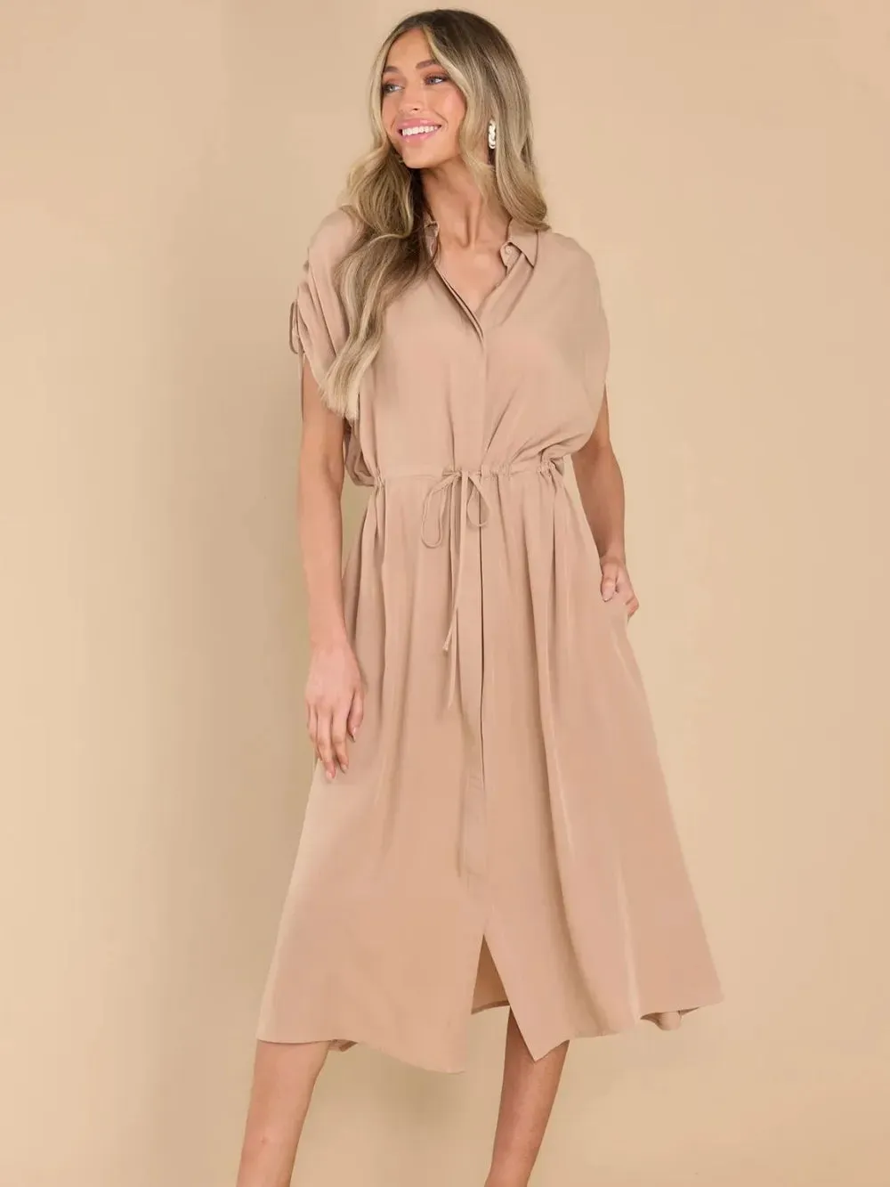 Drawstring Collared Neck Short Sleeve Midi Dress sold by Gigi Laurent