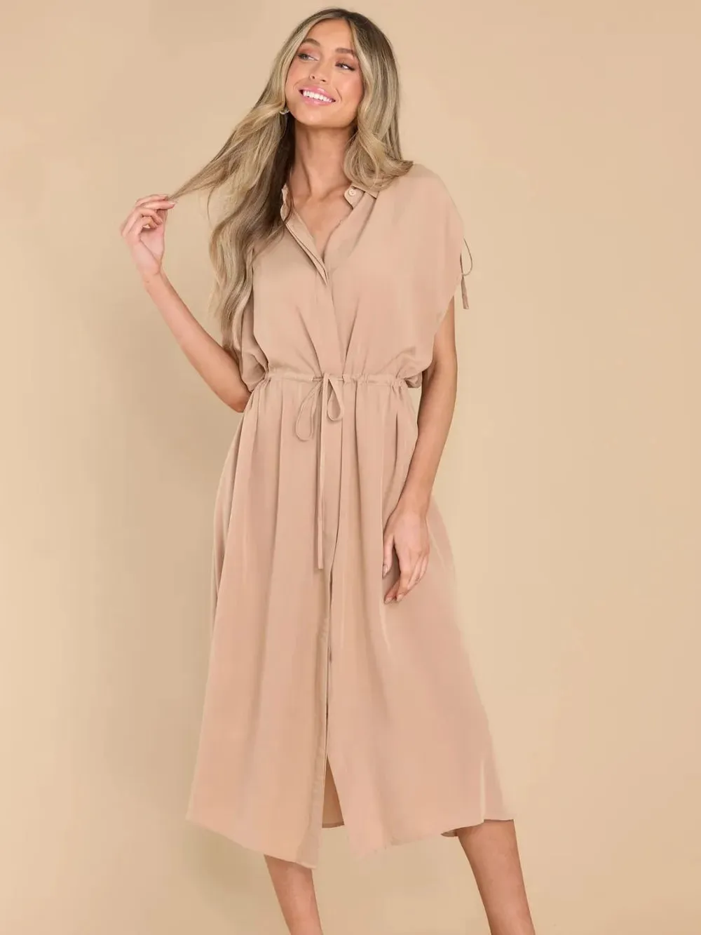 Drawstring Collared Neck Short Sleeve Midi Dress sold by Gigi Laurent product image thumbnail 3