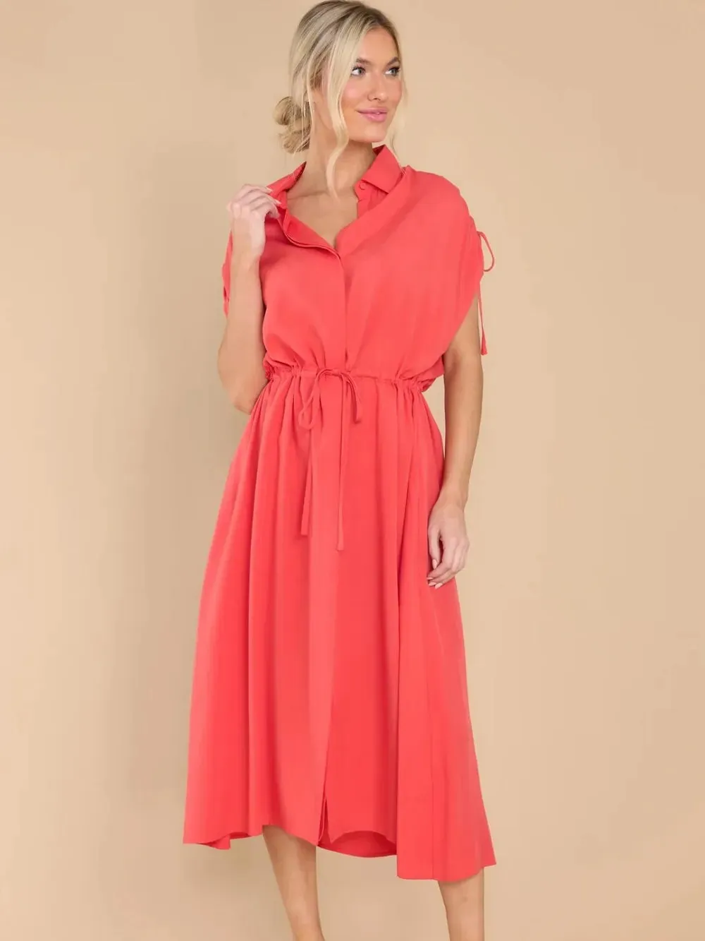 Drawstring Collared Neck Short Sleeve Midi Dress sold by Gigi Laurent product image thumbnail 5