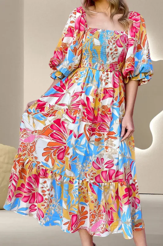 Smocked Printed Half Sleeve Midi Dress sold by Gigi Laurent