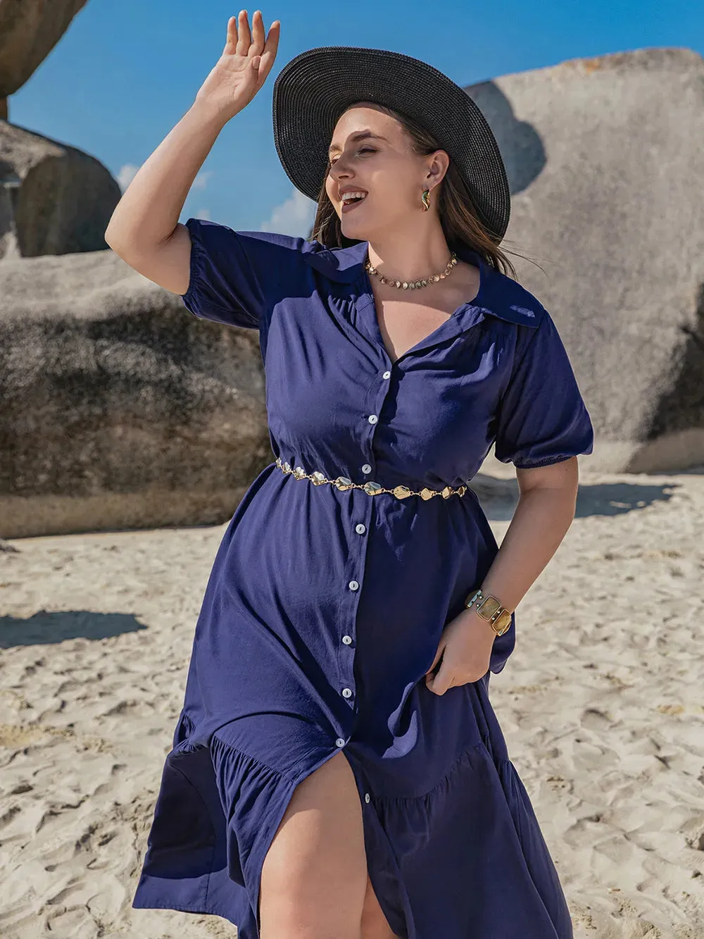 Plus Size Collared Neck Short Sleeve Midi Dress sold by Gigi Laurent product image thumbnail 3