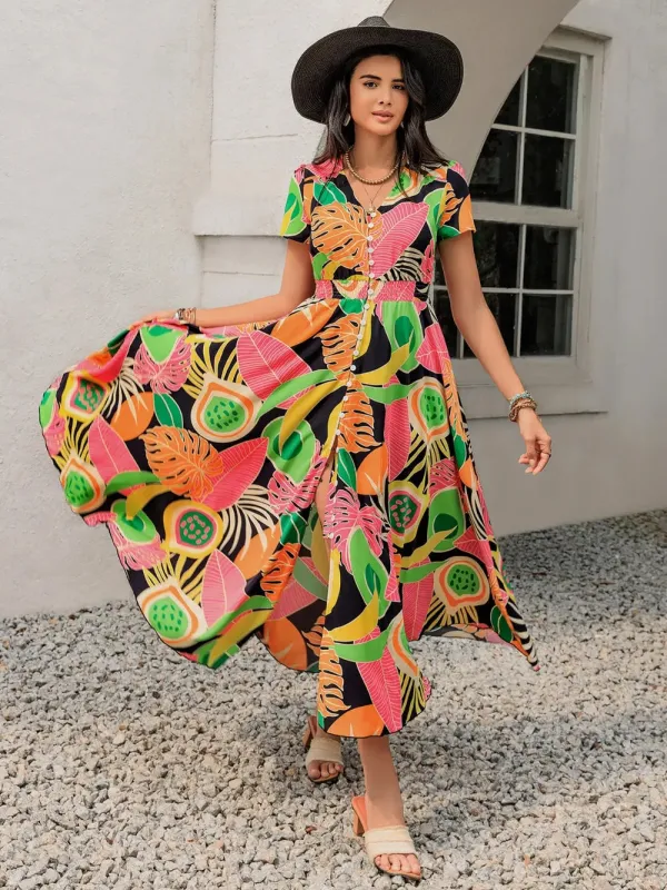 Tropical Print V-Neck Short Sleeve Midi Dress sold by Gigi Laurent