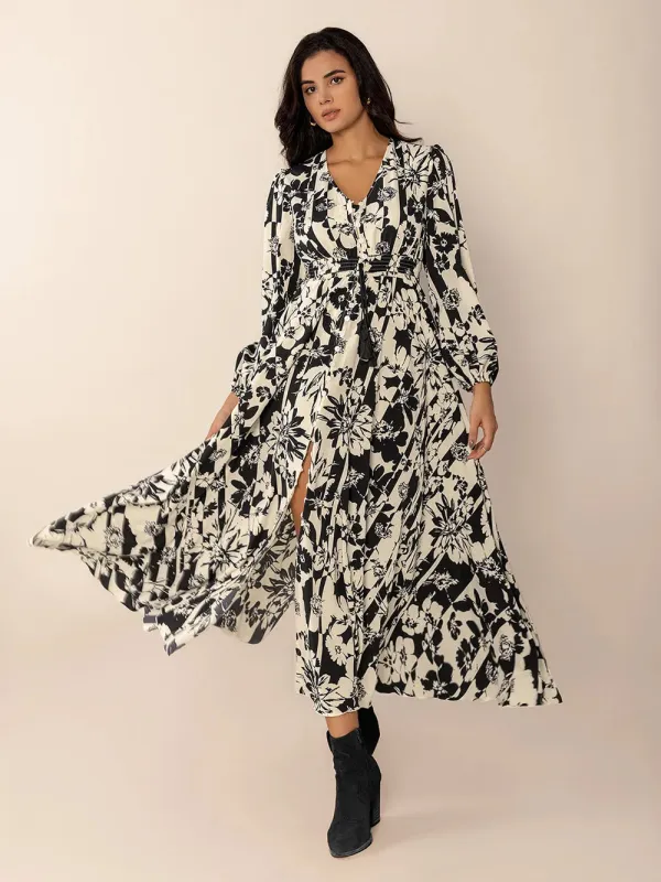 Tied Printed V-Neck Long Sleeve Midi Dress sold by Gigi Laurent