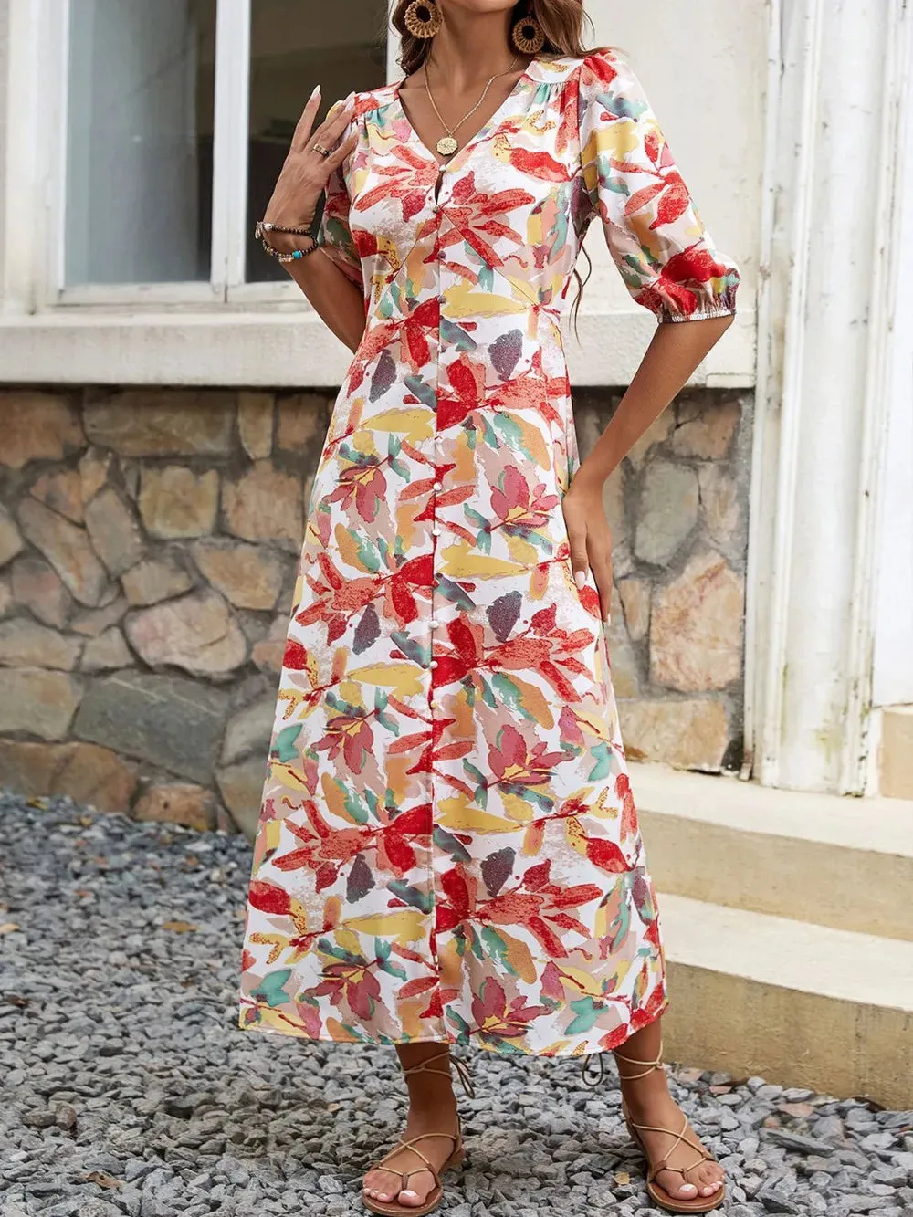 Perfee Printed V-Neck Half Sleeve Midi Dress sold by Gigi Laurent product image thumbnail 5