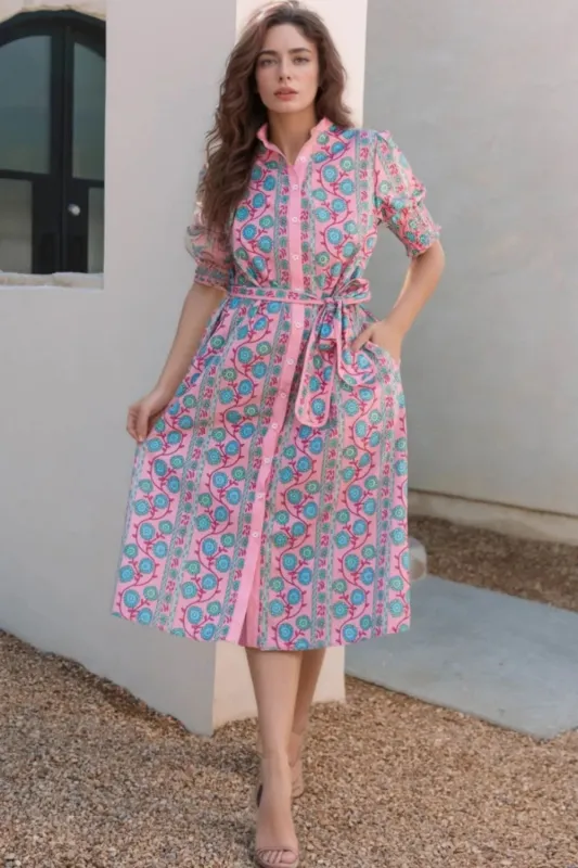 Printed Shirred Sleeve Buttoned Front Midi Dress with Sash sold by Gigi Laurent