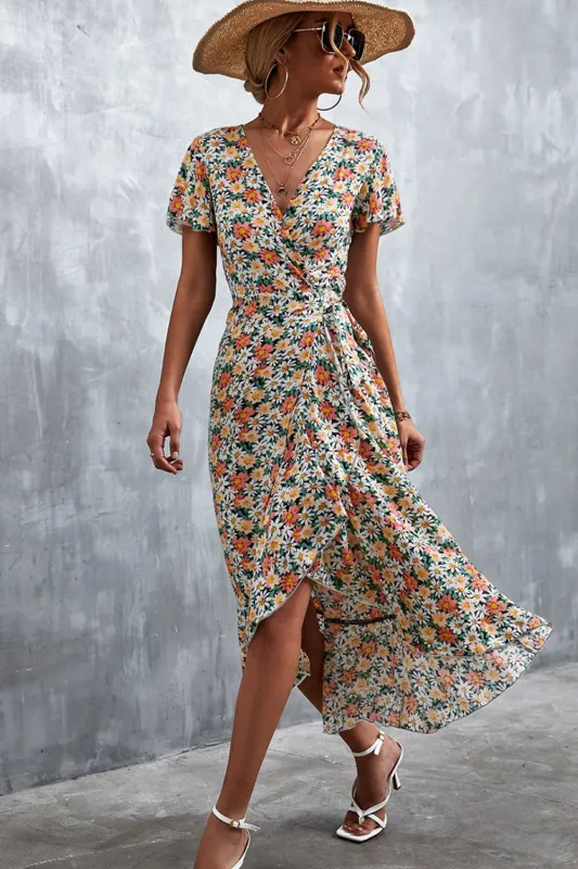 Floral Surplice Neck Tied Midi Dress made by Trendsi