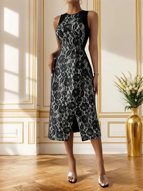 Perfee Slit Rose Round Neck Sleeveless Midi Dress sold by Gigi Laurent