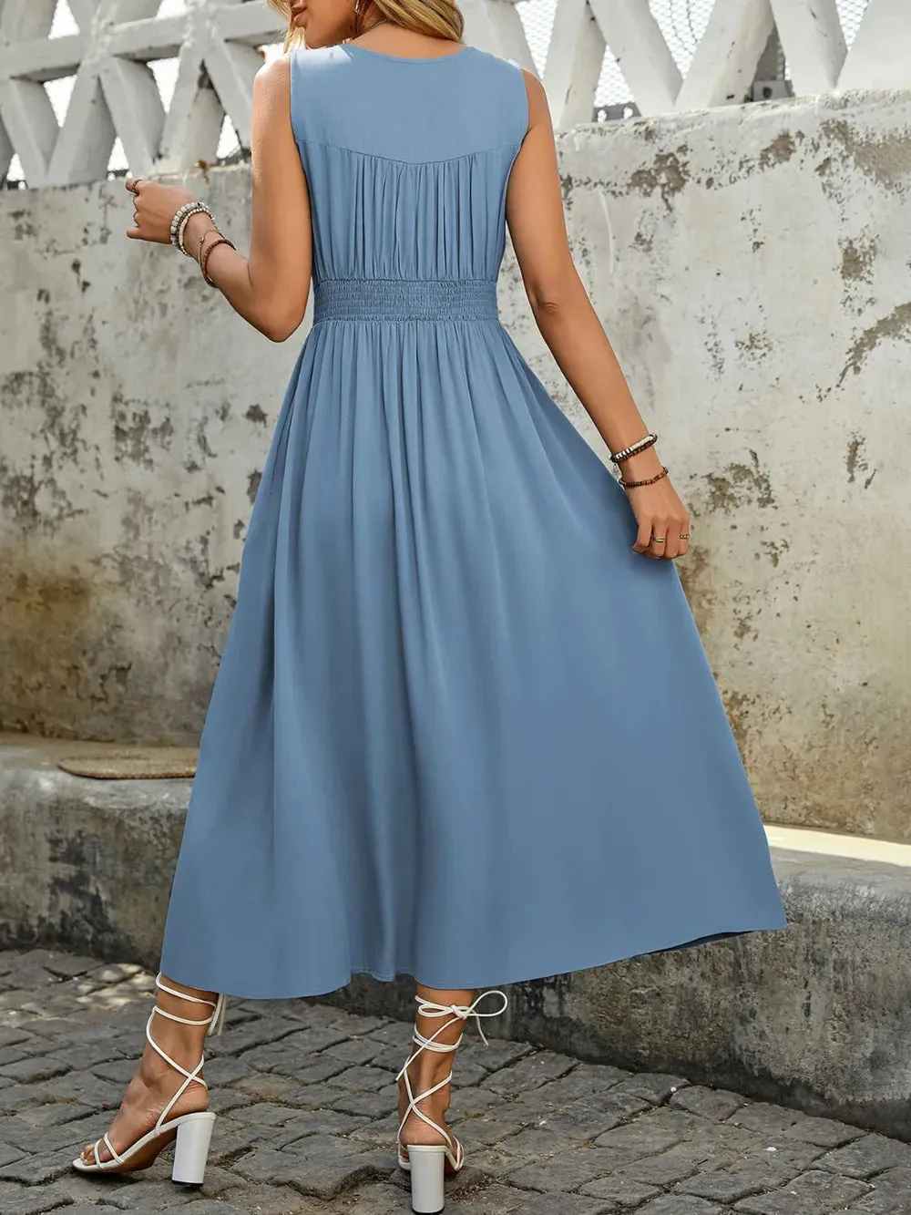 Perfee Ruched Decor Button Slit Sleeveless Midi Dress sold by Gigi Laurent product image thumbnail 2