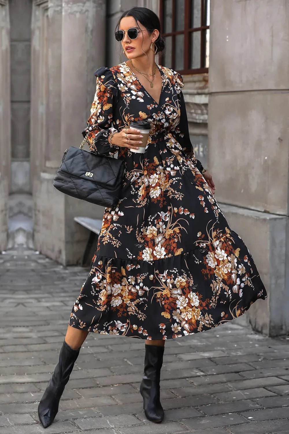 Perfee Floral Surplice Tie Front Ruffle Hem Midi Dress sold by Gigi Laurent