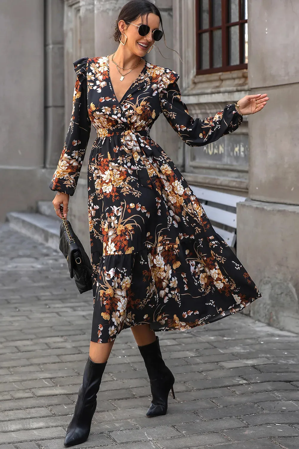 Perfee Floral Surplice Tie Front Ruffle Hem Midi Dress sold by Gigi Laurent product image thumbnail 4