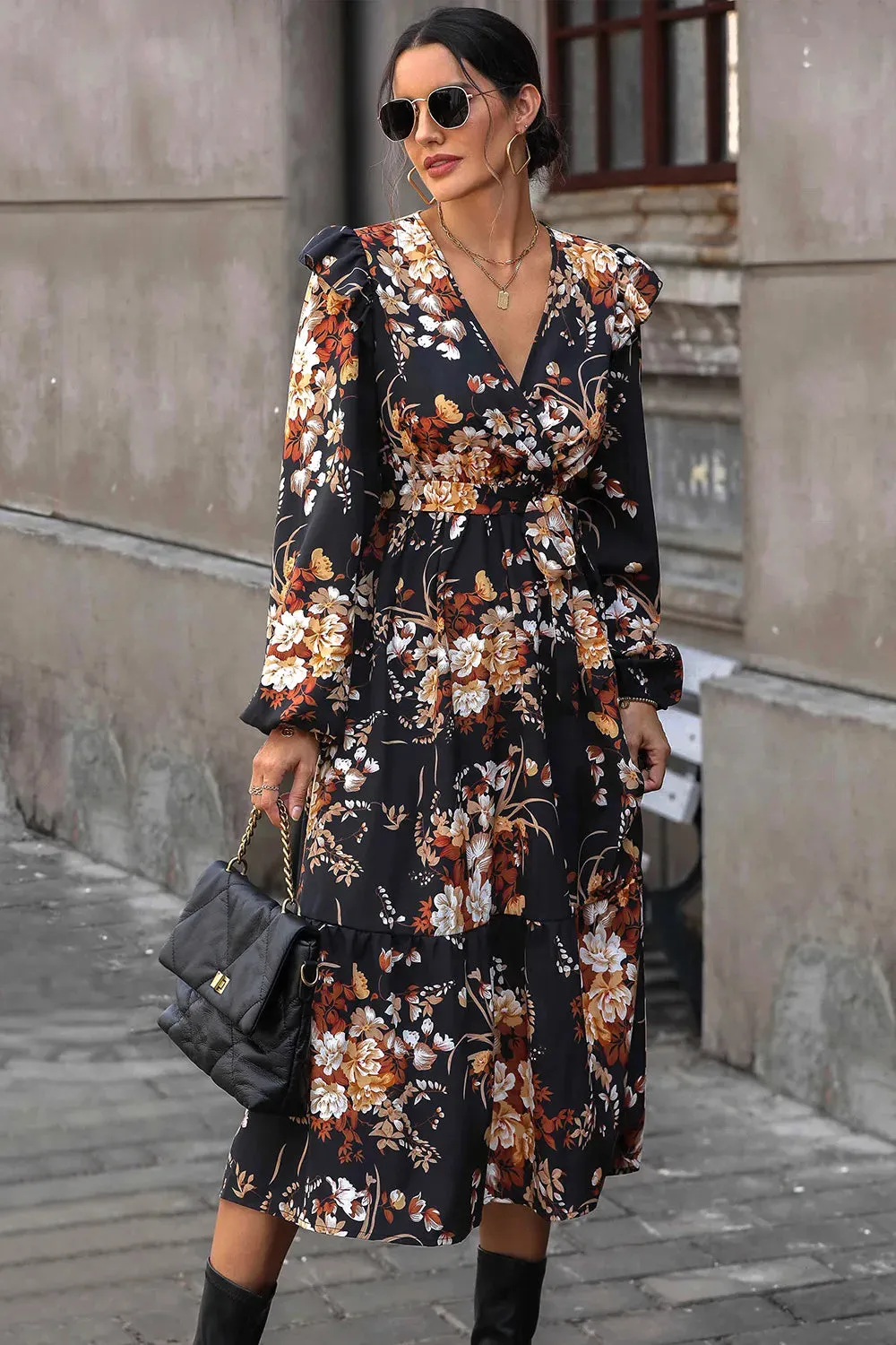 Perfee Floral Surplice Tie Front Ruffle Hem Midi Dress sold by Gigi Laurent product image thumbnail 5