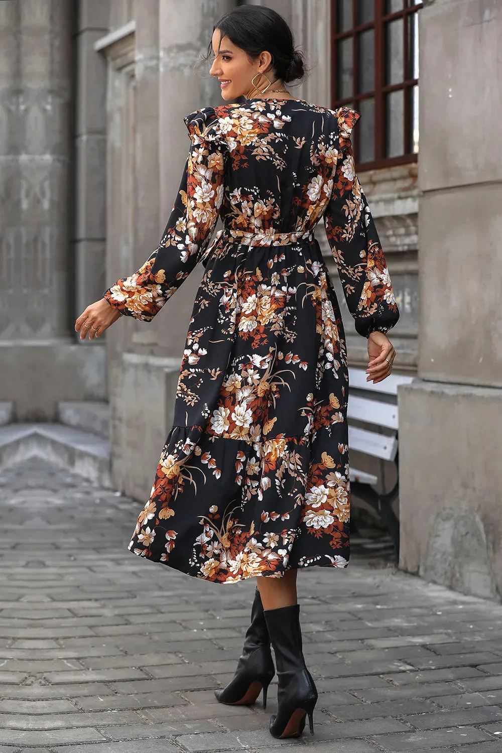 Perfee Floral Surplice Tie Front Ruffle Hem Midi Dress sold by Gigi Laurent product image thumbnail 2