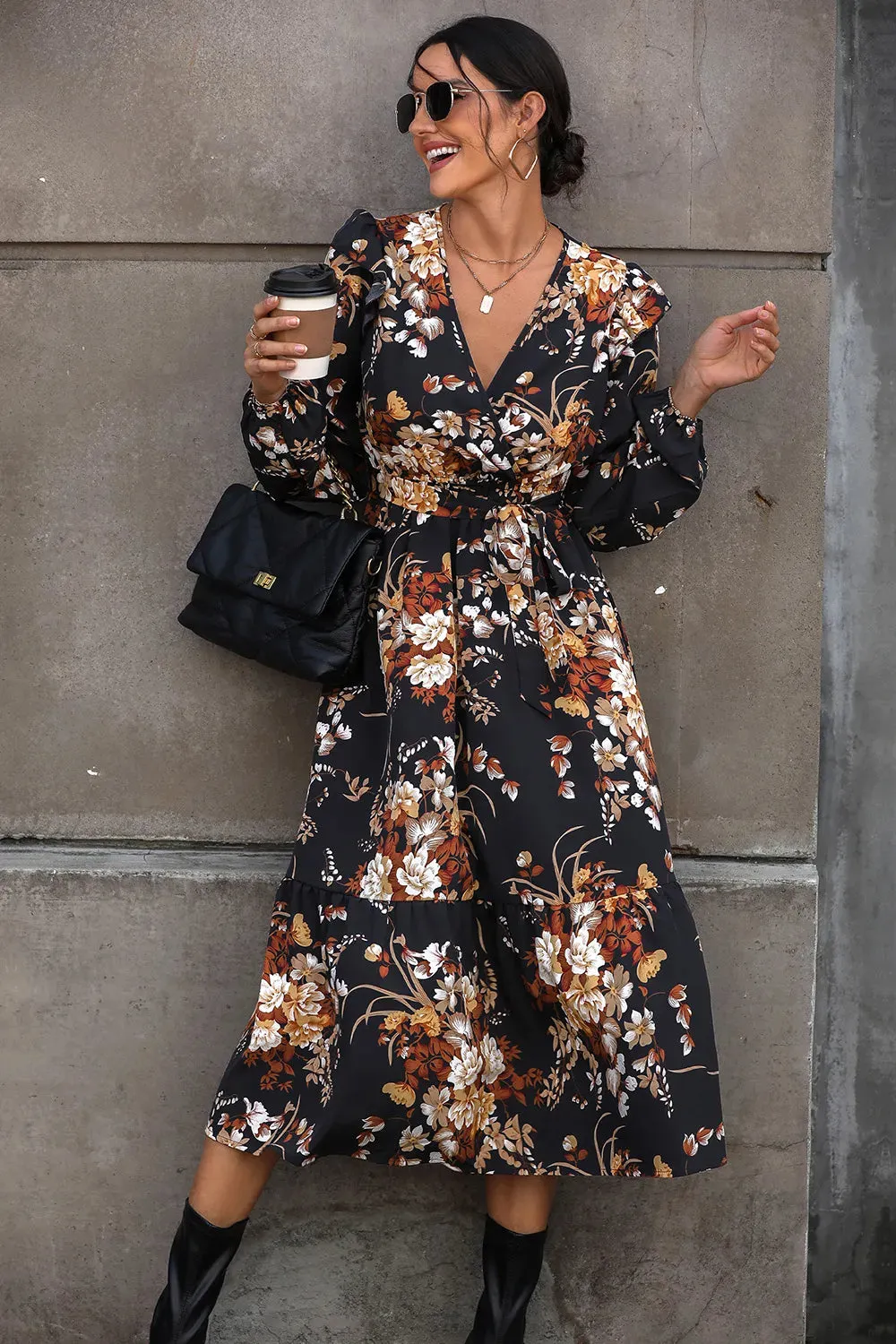 Perfee Floral Surplice Tie Front Ruffle Hem Midi Dress sold by Gigi Laurent product image thumbnail 3
