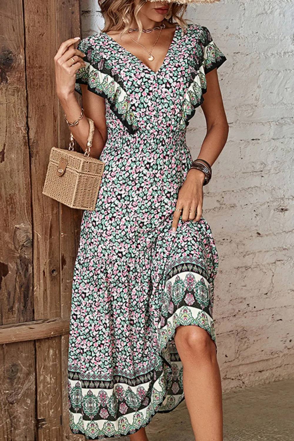 Perfee Ditsy Floral Ruffled Plunge Dress sold by Gigi Laurent