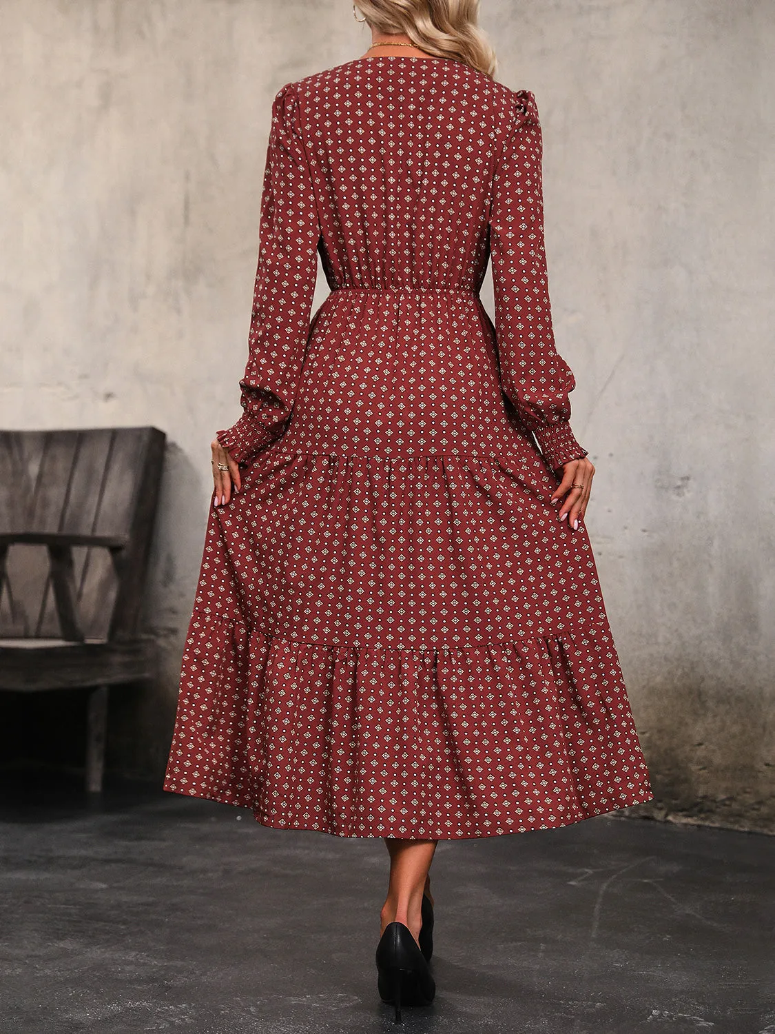 Perfee Printed Tiered V-Neck Buttoned Midi Dress sold by Gigi Laurent product image thumbnail 2