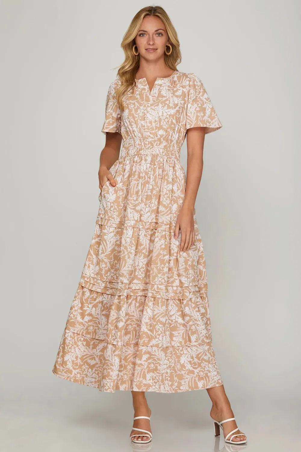 She + Sky Printed Notched Woven Tiered Pintuck Maxi Dress with Side Pockets sold by Gigi Laurent