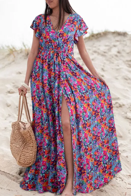 Slit Printed Cap Sleeve Maxi Dress sold by Gigi Laurent