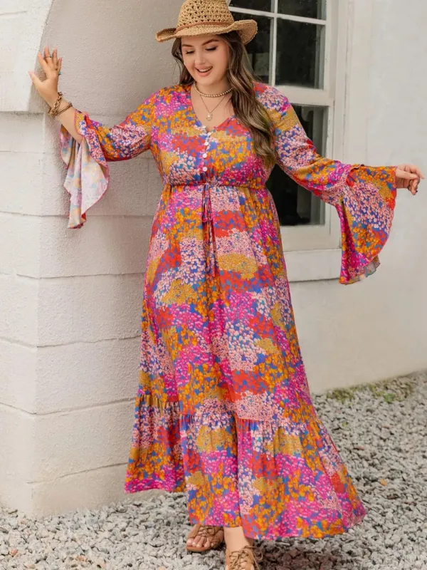 Plus Size Printed V-Neck Long Sleeve Maxi Dress made by Trendsi