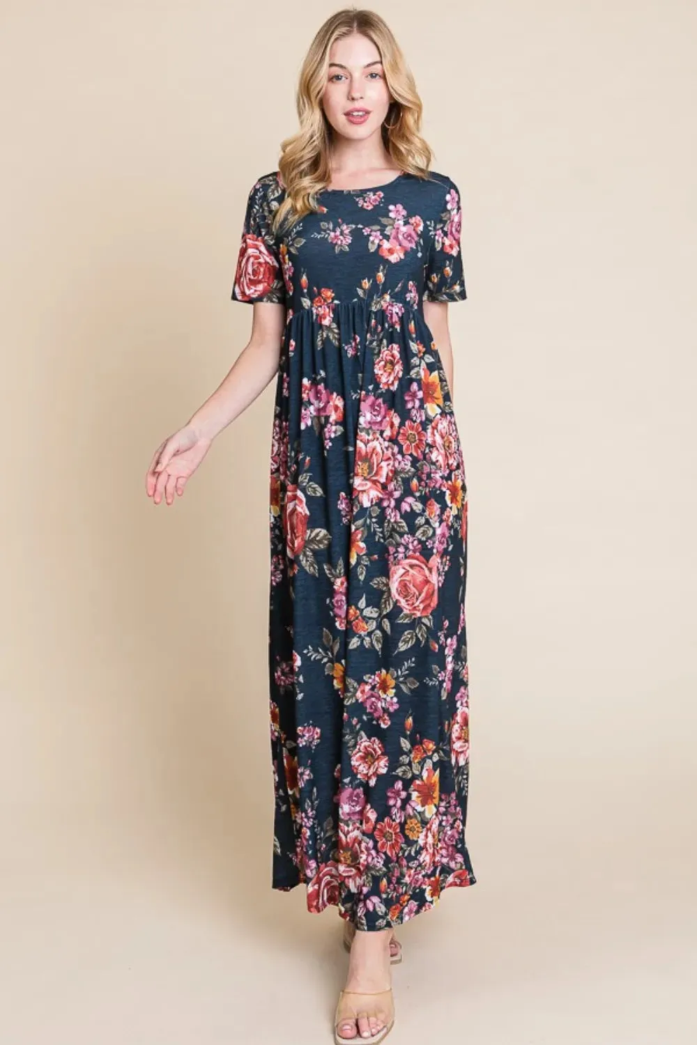 BOMBOM Floral Short Sleeve Maxi Dress sold by Gigi Laurent