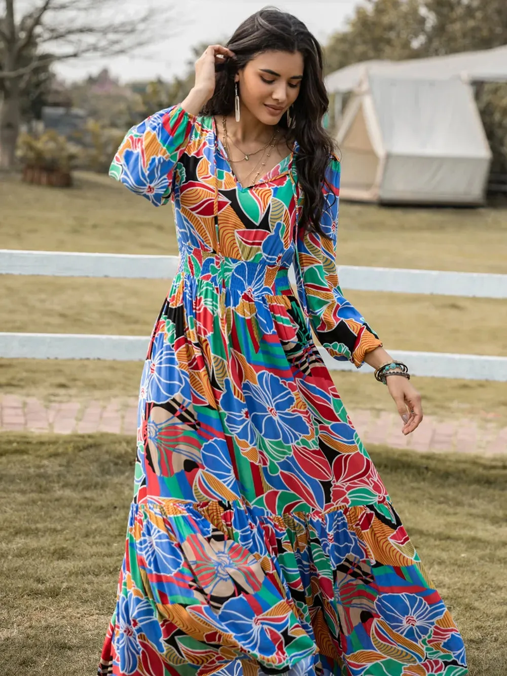 Printed Smocked Tie Neck Balloon Sleeve Maxi Dress sold by Gigi Laurent product image thumbnail 4