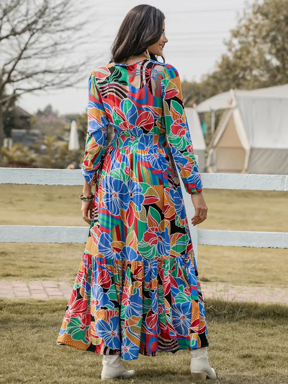 Printed Smocked Tie Neck Balloon Sleeve Maxi Dress sold by Gigi Laurent product image thumbnail 2