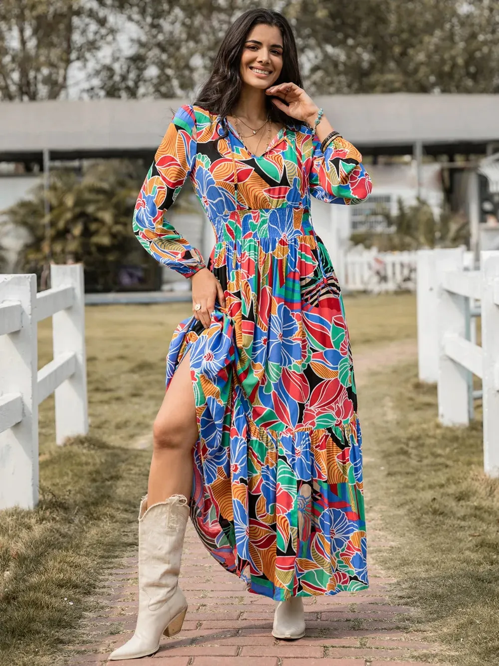 Printed Smocked Tie Neck Balloon Sleeve Maxi Dress sold by Gigi Laurent