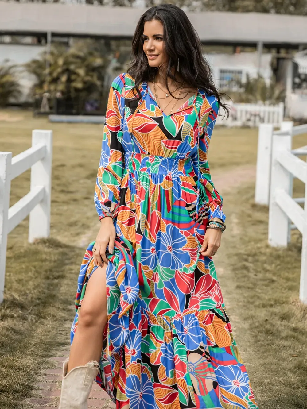 Printed Smocked Tie Neck Balloon Sleeve Maxi Dress sold by Gigi Laurent product image thumbnail 5