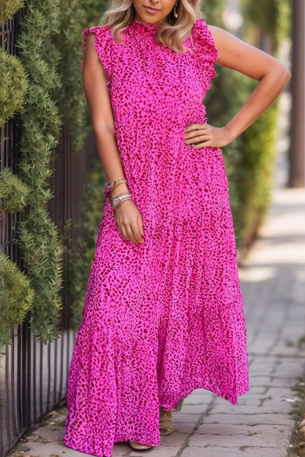 Tiered Ruffled Leopard Cap Sleeve Maxi Dress sold by Gigi Laurent