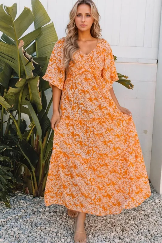 Floral Print Smocked V Neck Wide Sleeve Maxi Dress sold by Gigi Laurent