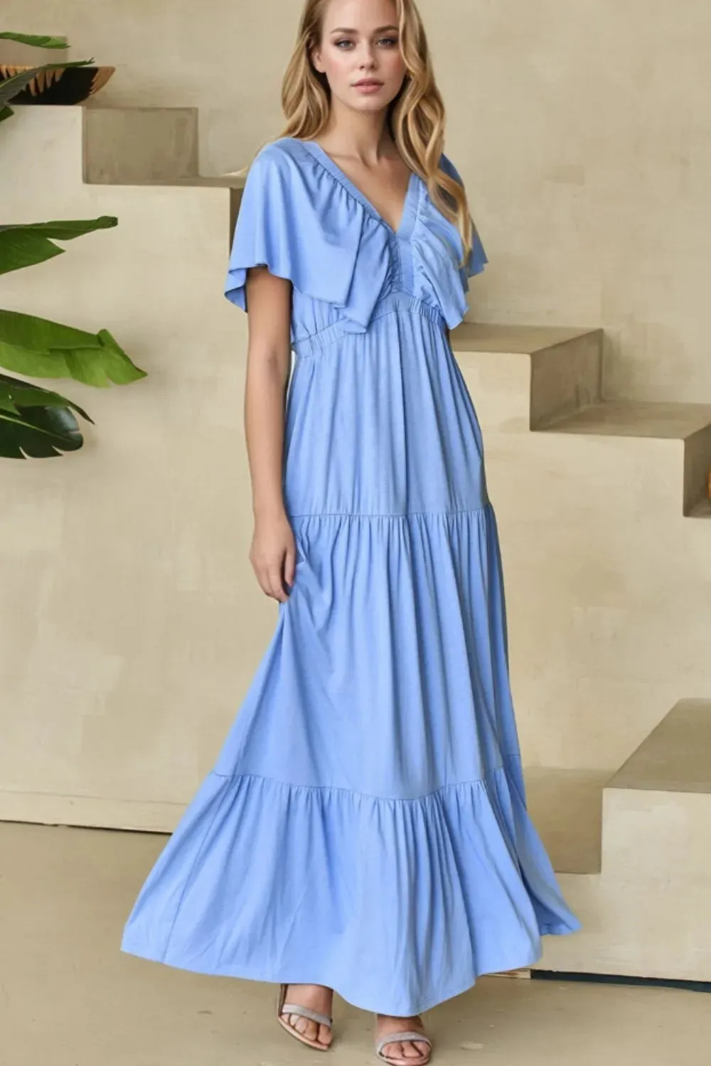 Ruffled V Neck Flutter Sleeve Maxi Dress sold by Gigi Laurent product image thumbnail 2