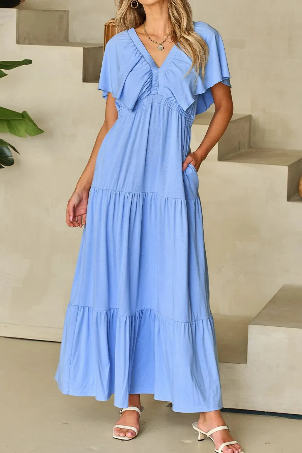 Ruffled V Neck Flutter Sleeve Maxi Dress sold by Gigi Laurent product image thumbnail 3