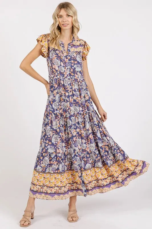 Mittoshop Floral Ruffled Notched Cap Sleeve Maxi Dress made by Trendsi